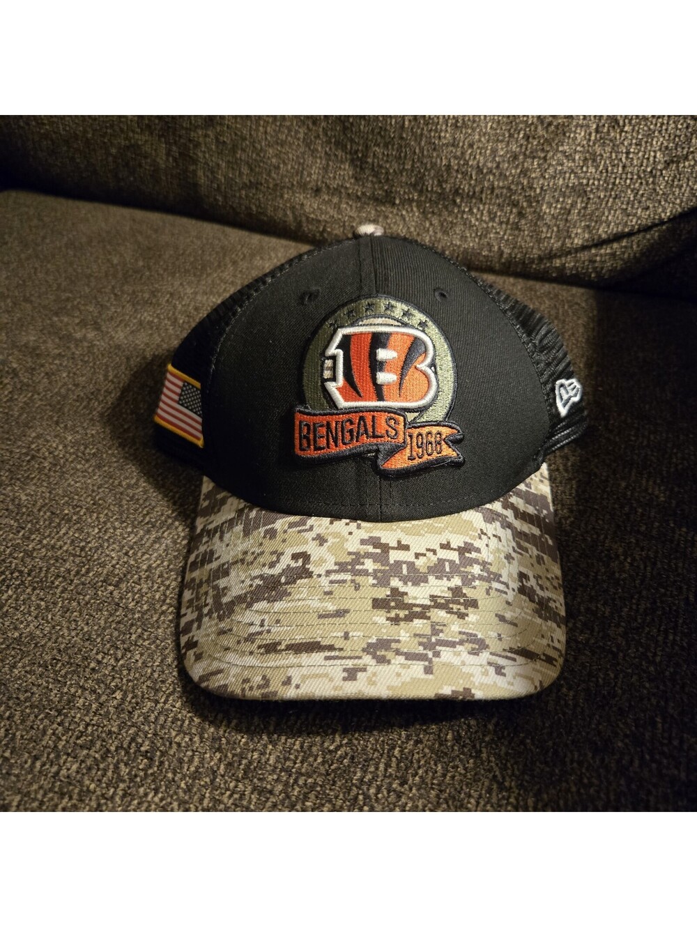 Cincinnati Bengals New Era 9FORTY Snapback Hat Camo Black Trucker Curved Brim